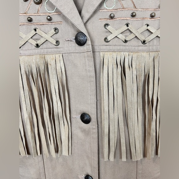 Vintage khaki denim fringe western jacket, 14, studs, embroidery Cowboy Rodeo - Picture 5 of 9
